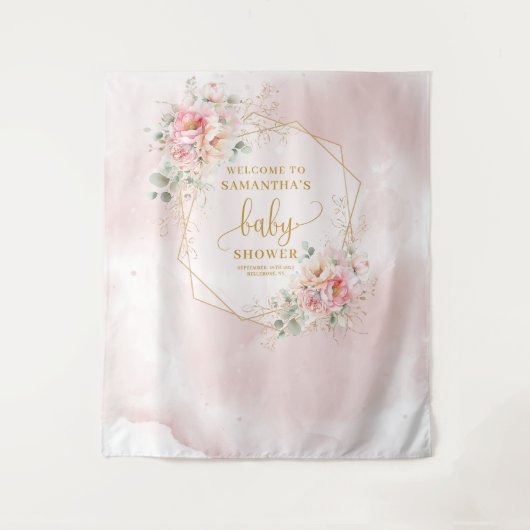 スイートベビーガールパウダーピンクの金ゴールド牡丹の背景 タペストリー (正面)