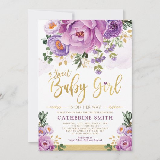 スイートベビーガールパープル金ゴールドペニーズベビーシャワー 招待状 (正面)