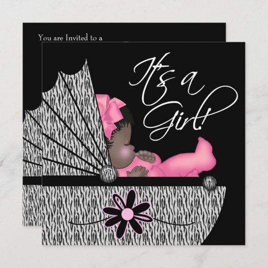 スイートベビーガールピンクゼブラベビーシャワー招待状 招待状 (正面/裏面)