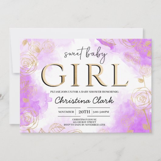 スイートベビーガールベビーシャワーパープル金ゴールド 招待状 (正面)