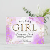 スイートベビーガールベビーシャワーパープル金ゴールド 招待状 (スタンド正面)