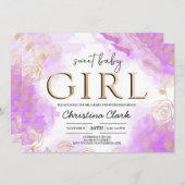 スイートベビーガールベビーシャワーパープル金ゴールド 招待状 (正面/裏面)