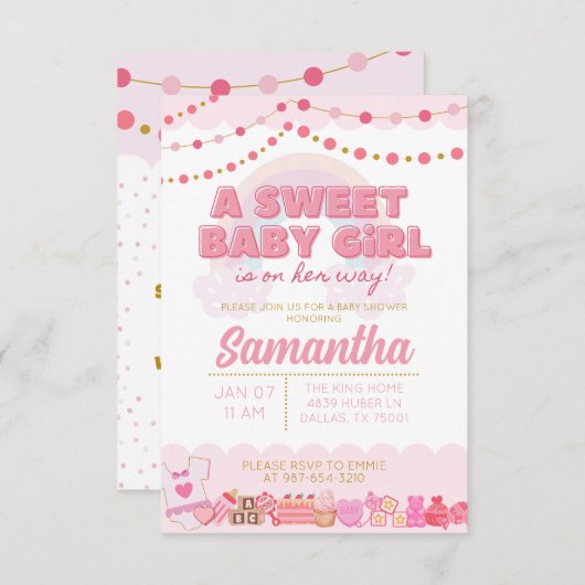 スイートベビーガールベビーシャワー招待状 招待状 (正面/裏面)