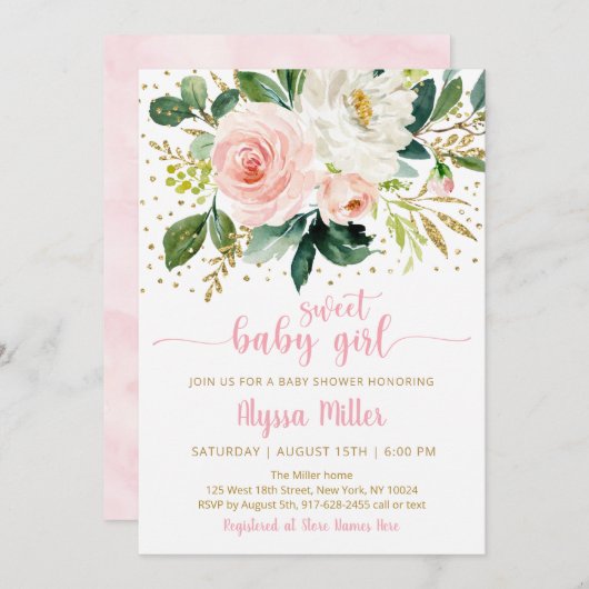 スイートベビーガールボホフローラピンク金ゴールドベビーシャワー 招待状 (正面/裏面)