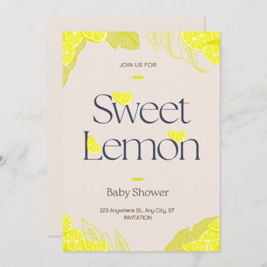 スイートベビーガールレモンウォーターカラーガールベビーシャワー  招待状 (正面/裏面)