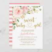 スイートベビーガール赤面バラ金ゴールドフローラベビーシャワー 招待状 (正面/裏面)