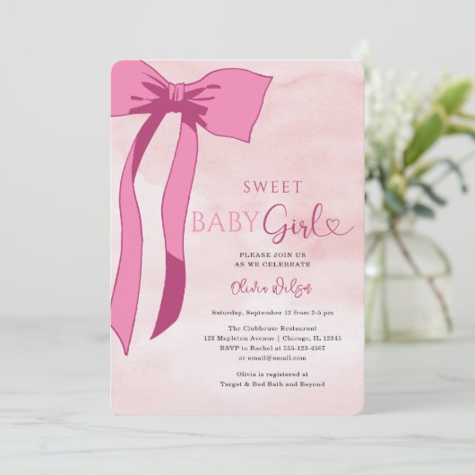 スイートベビーガール赤面ピンクボウベビーシャワー 招待状 (スタンド正面)