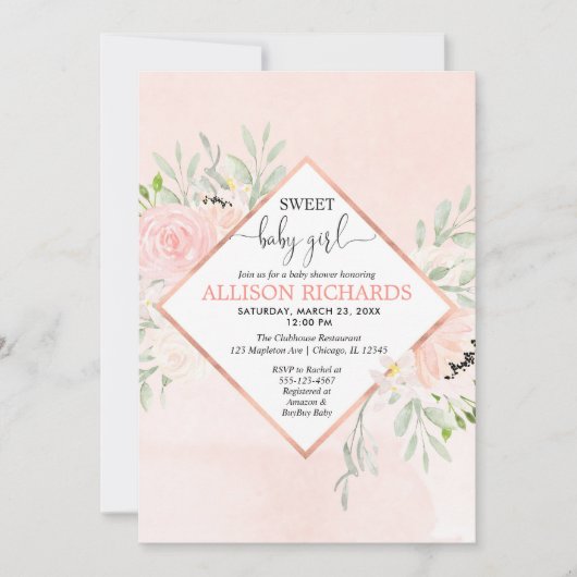 スイートベビーガール赤面ピンクローズ金ゴールドフローラ 招待状 (正面)