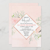 スイートベビーガール赤面ピンクローズ金ゴールドフローラ 招待状 (正面/裏面)