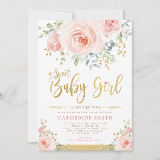 スイートベビーガール赤面ピンク金ゴールドフローラベビーシャワー 招待状 (正面)