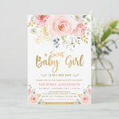 スイートベビーガール赤面ピンク金ゴールドフローラベビーシャワー 招待状 (スタンド正面)