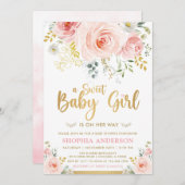 スイートベビーガール赤面ピンク金ゴールドフローラベビーシャワー 招待状 (正面/裏面)