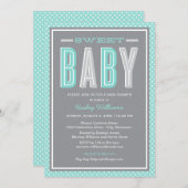 スイートベビーシックタイプアクアブルーグレーベビーシャワー 招待状 (正面/裏面)