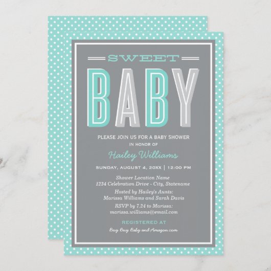 スイートベビーシックタイプアクアブルーグレーベビーシャワー 招待状 (正面/裏面)