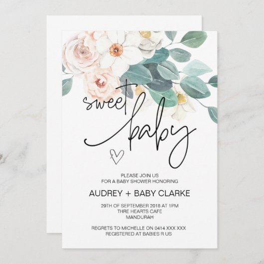 スイートベビーシャワーパーティーかわいい赤面フローラ 招待状 (正面/裏面)