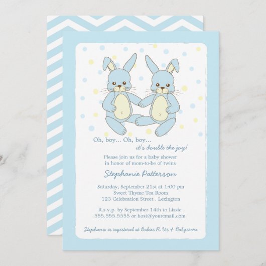 スイートベビーバニーツインボーイズベビーシャワー招待状 招待状 (正面/裏面)