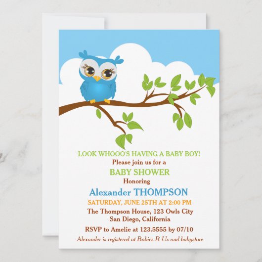 スイートベビーフクロウボーイベビーシャワー招待状 招待状 (正面)