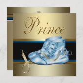 スイートベビーブルーと金ゴールドプリンスベビーシャワー 招待状 (正面/裏面)