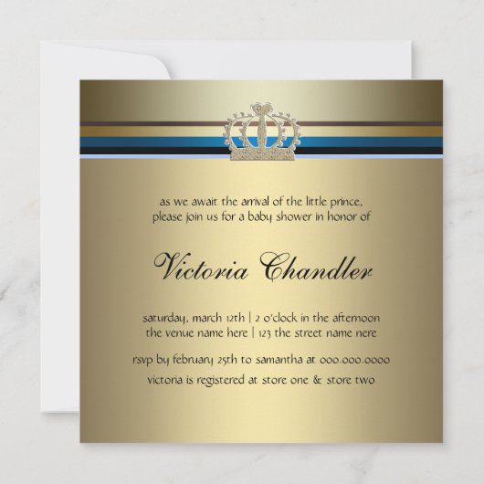 スイートベビーブルーと金ゴールドプリンスベビーシャワー 招待状 (裏面)