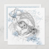 スイートベビーブルーバシネットベビーシャワー 招待状 (正面/裏面)