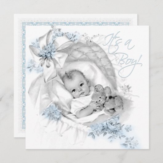 スイートベビーブルーバシネットベビーシャワー 招待状 (正面/裏面)