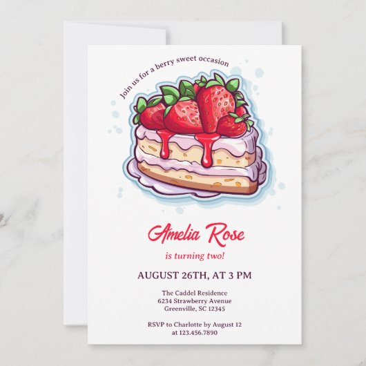 スイートベリーストロベリーショートケーキ子供の誕生日 招待状 (正面)