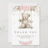 スイートベージュウォーターカラーテディベアピンクフローラ サンキューカード (正面)