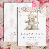 スイートベージュウォーターカラーテディベアピンクフローラ サンキューカード
