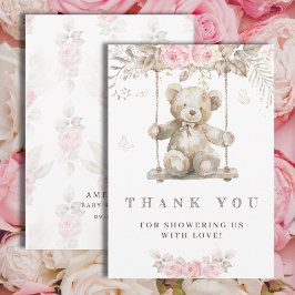 スイートベージュウォーターカラーテディベアピンクフローラ サンキューカード