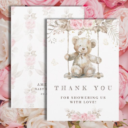 スイートベージュウォーターカラーテディベアピンクフローラ サンキューカード