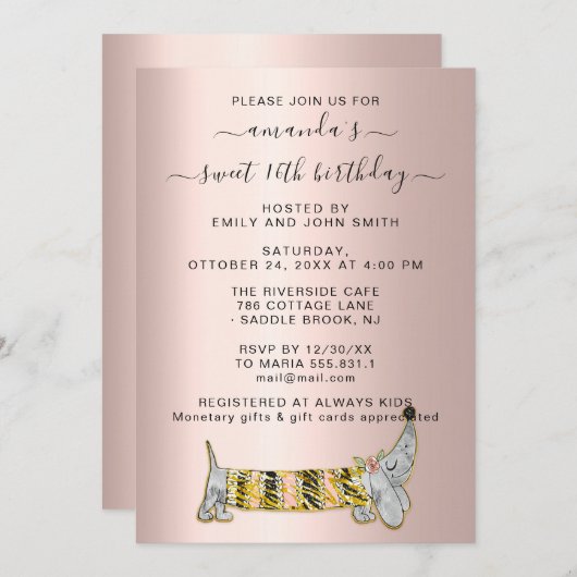 スイートペットバスセットバラドレススウィート16th誕生日 招待状 (正面/裏面)