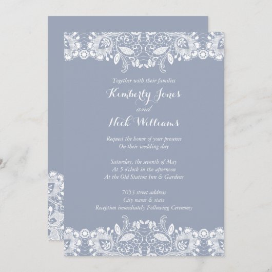 スイートホワイトレースダスティブルー結婚式招待状 招待状 (正面/裏面)