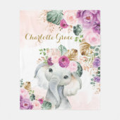 スイートボホトロピカルエレファント赤面パープルフローラ フリースブランケット (正面)