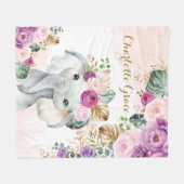 スイートボホトロピカルエレファント赤面パープルフローラ フリースブランケット (正面(横))