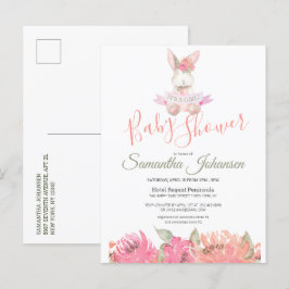 スイートボホバニーピンクかわいらしフローラベビーシャワー インビテーションポストカード
