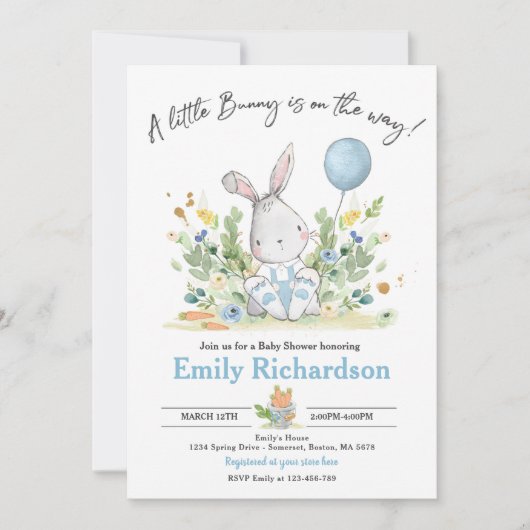 スイートボーイウォーターカラーバニーベビーシャワーブルー 招待状 (正面)