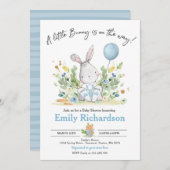 スイートボーイウォーターカラーバニーベビーシャワーブルー 招待状 (正面/裏面)