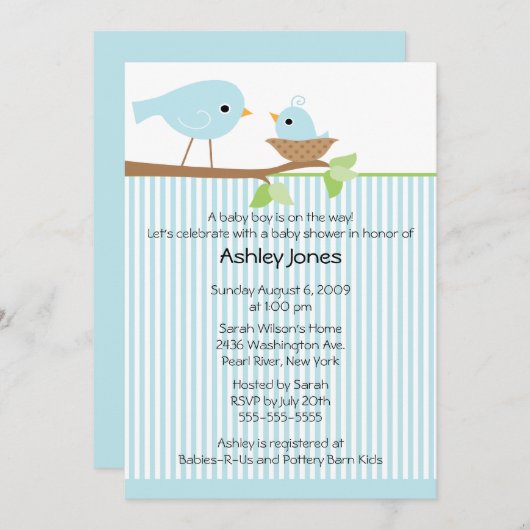 スイートママバード&男の赤ちゃんベビーシャワー 招待状 (正面/裏面)