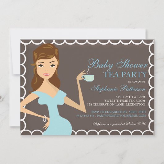 スイートママーベビーシャワーティーパーティの招待状ブルー 招待状 (正面)