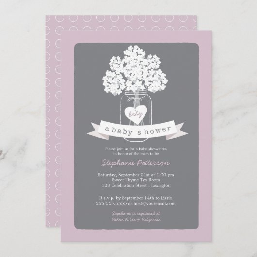 スイートメイソンジャー薄紫グレーベビーシャワー招待状 招待状 (正面/裏面)