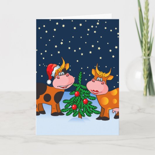 スイートメリークリスマス牛カップルバイクリスマスツリー シーズンカード (正面)