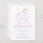スイートユニコーンウォーターカラーピンク子供の誕生日 招待状 (正面)
