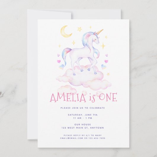 スイートユニコーンウォーターカラーピンク子供の誕生日 招待状 (正面)
