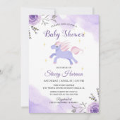 スイートユニコーンパステルパープルフローラベビーシャワー 招待状 (正面)