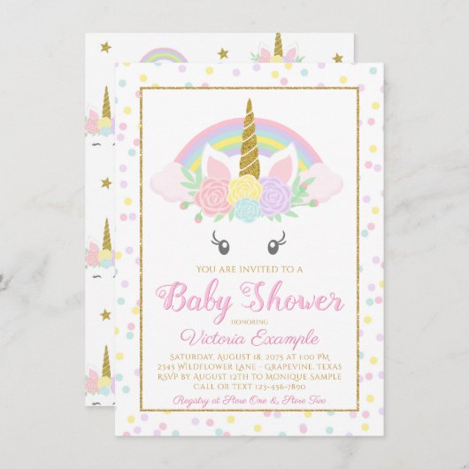 スイートユニコーンレインボーベビーガールシャワー招待状 招待状 (正面/裏面)