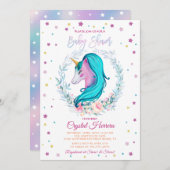 スイートユニコーン水カラーフローラ赤ちゃんシャワー 招待状 (正面/裏面)