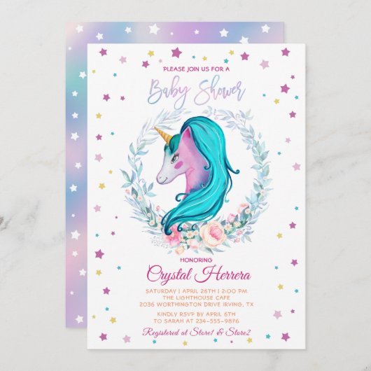 スイートユニコーン水カラーフローラ赤ちゃんシャワー 招待状 (正面/裏面)