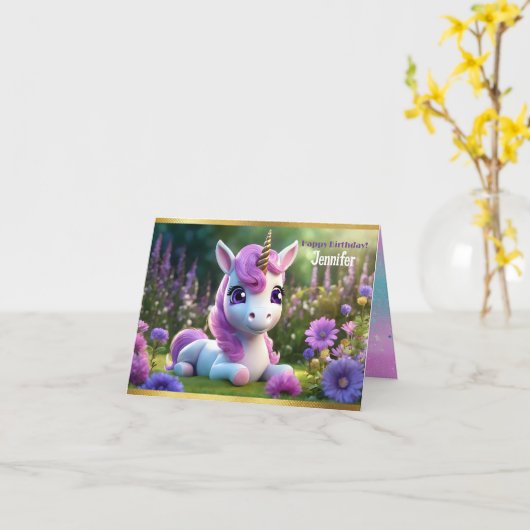 スイートユニコーン誕生日折りグリーティングカード カード (黄色い花)