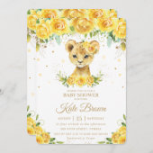 スイートライオンイエローフローラ金ゴールドガールベビーシャワー 招待状 (正面/裏面)