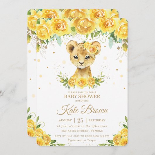 スイートライオンイエローフローラ金ゴールドガールベビーシャワー 招待状 (正面/裏面)